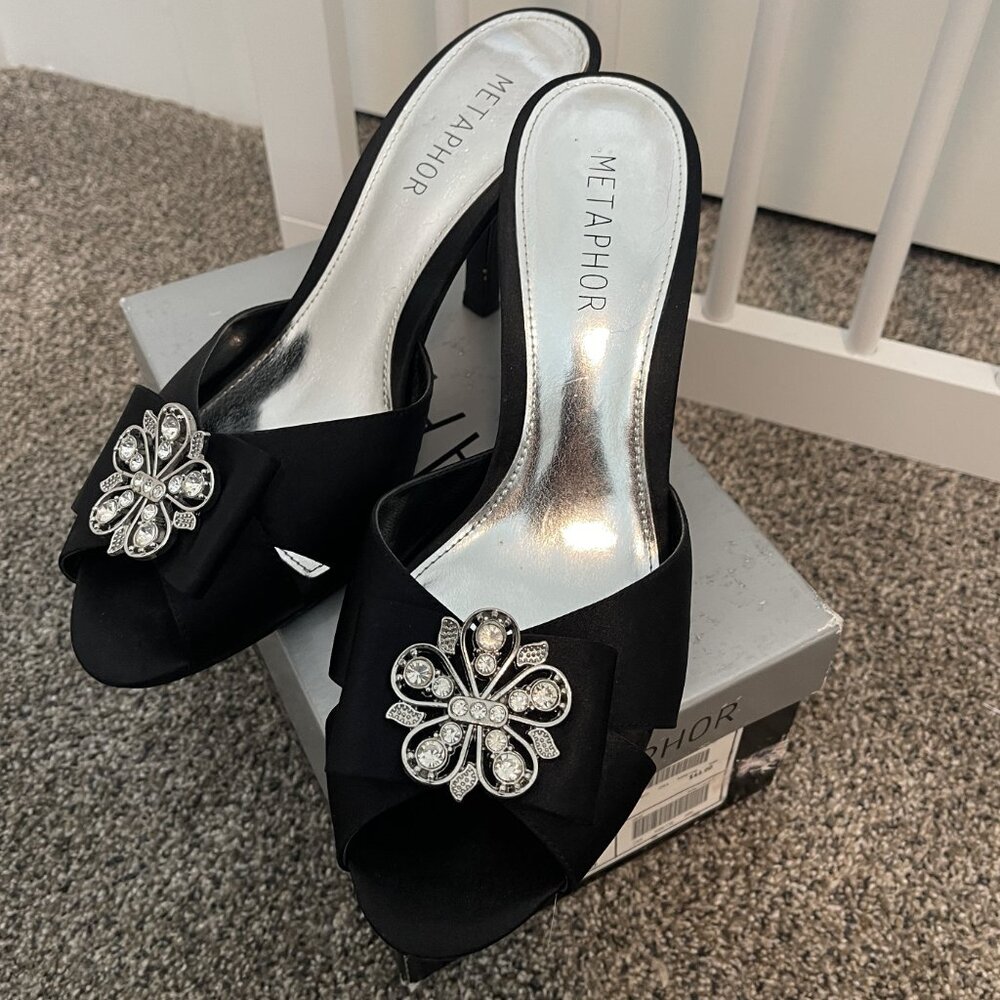 Metaphor Catherine Black Satin Slides Women's SZ 9.5